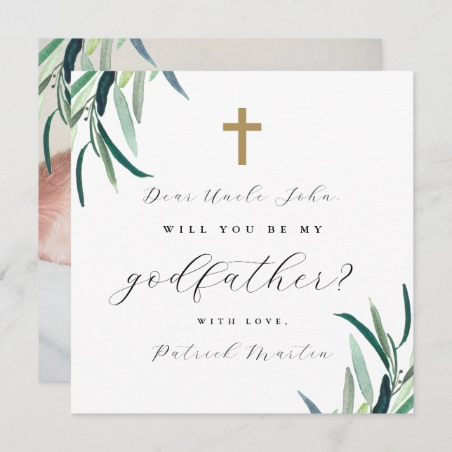Simple Botanical Cross Godfather Proposal Photo Invitation (Front/Back)