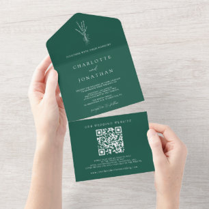 Simple Botanical Emerald Green Wedding All In One Invitation