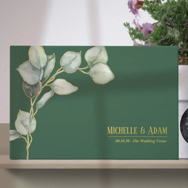 Simple Botanical Eucalyptus Wedding Gold  Guest Book (Simple Botanical Eucalyptus Wedding Gold Foil Guest Book)