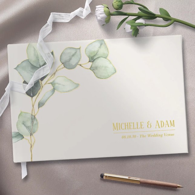 Simple botanical Eucalyptus Wedding Gold  Guest Book (Simple Botanical Eucalyptus Wedding Gold Foil Guest Book)