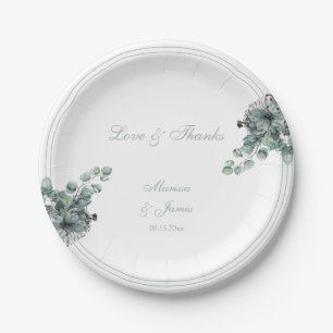 Simple Botanical Floral Love and Thanks Wedding Paper Plate