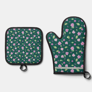 Simple Botanical Floral Pattern Oven Mitt & Pot Holder Set