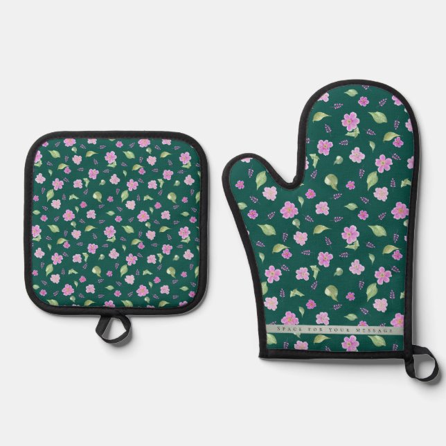 Simple Botanical Floral Pattern Oven Mitt & Pot Holder Set (Front)