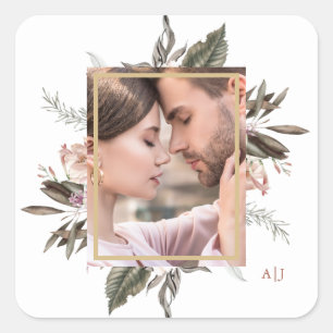 Simple Botanical Frame Photo with Monogram Square  Square Sticker