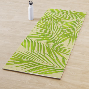 Simple Botanical Green Palm Leaves on Light Beige Yoga Mat