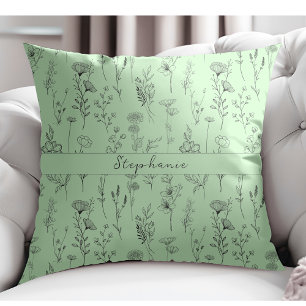Simple Botanical Hand Drawn Floral Mint Green Cushion
