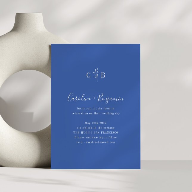 Simple Botanical Minimalist Monogram Blue Wedding Invitation (Creator Uploaded)