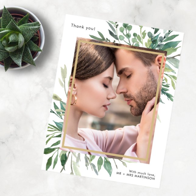 Simple Botanical One Photo Wedding Thank You Postcard (Creator Uploaded)