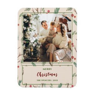 Simple Botanical Pattern Merry Christmas Photo Magnet