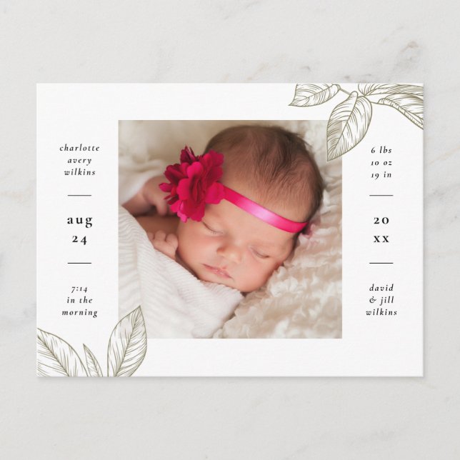 Simple Botanical Photo Birth Announcement Postcard (Front)