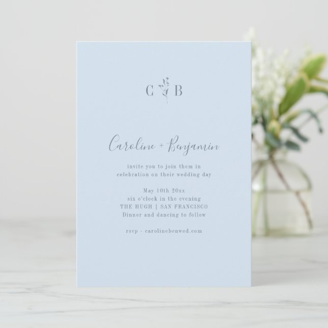 Simple Botanical Soft Blue Monogram Boho Wedding Invitation (Standing Front)