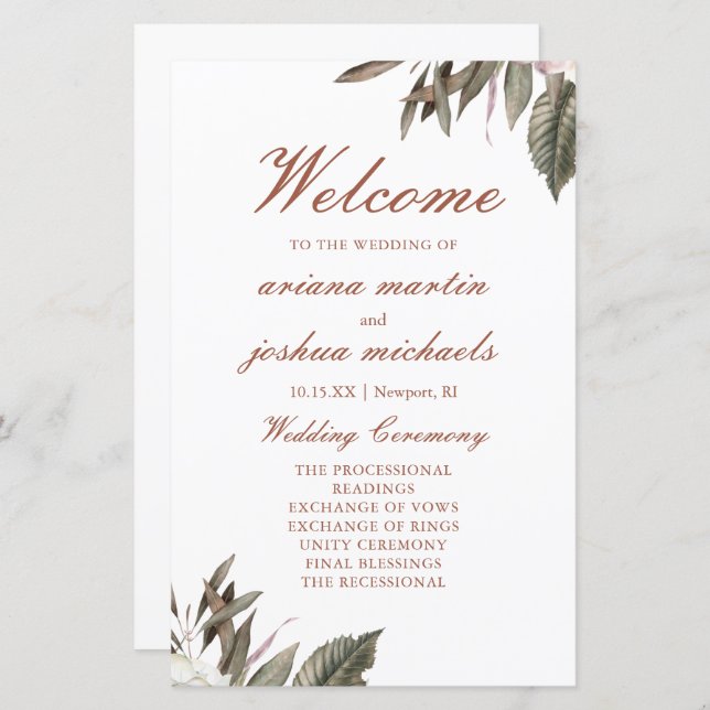 Simple Botanical Wedding Ceremony Program (Front/Back)