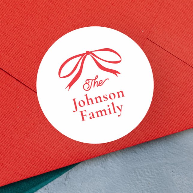 Simple Bow Christmas Holiday  Classic Round Sticker (Elegant Hand Drawn Bow Christmas Holiday Card Envelope Seal.)