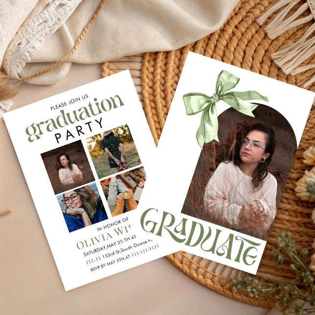 Simple Bow Design Graduation with Photos Invitation (Creator Uploaded)