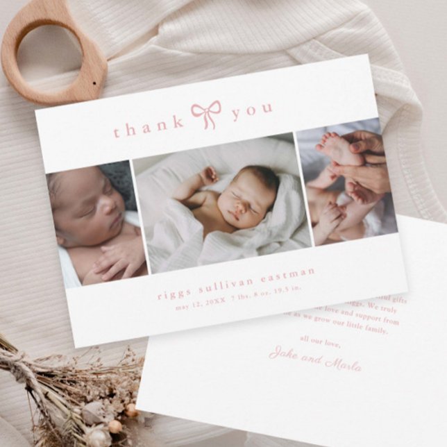 Simple Bow Girl Photo Collage Baby Announcement (Simple dusty pink bow 3 photo collage baby announcement thank you cards.)