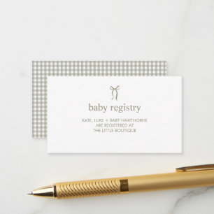 Simple Bow Sage Green Gingham Baby Gift Registry Enclosure Card