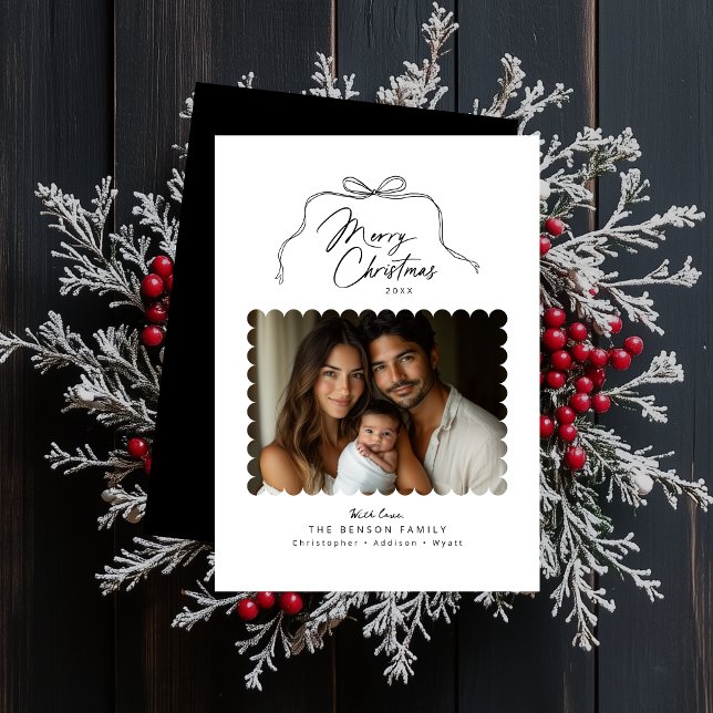 Simple Bow Scalloped Photo Christmas Card (Shown on a 5" x 7" card)