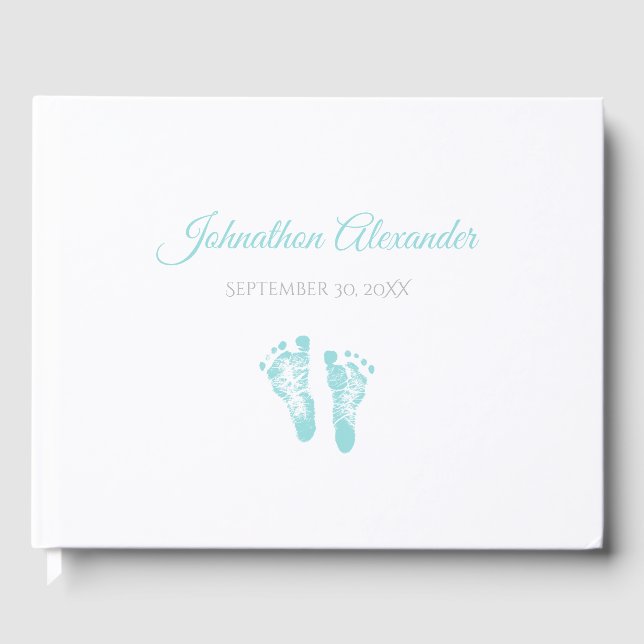 Simple Boy Birth Memento Precious Blue Footprints Guest Book (Front)