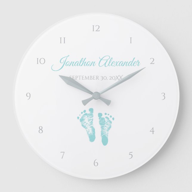 Simple Boy Birth Memento Precious Blue Footprints Large Clock (Front)