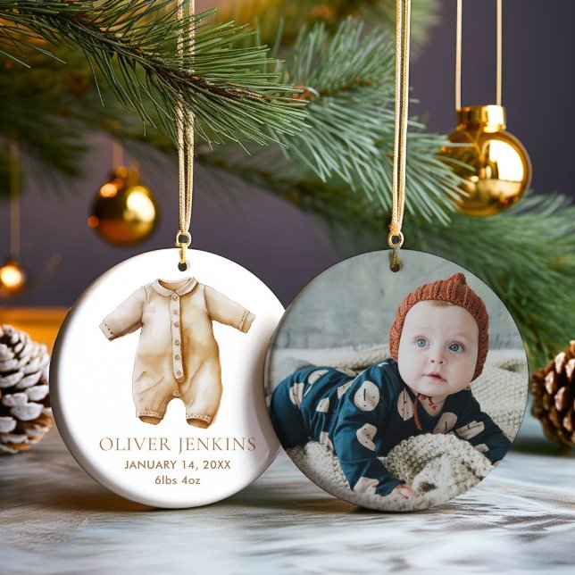 Simple Boy First Christmas with Birth Stats Photo  Ceramic Ornament (Minimalist First Christmas Photo Ornment)
