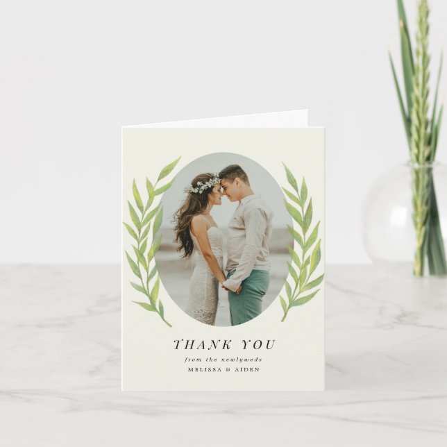Simple Branch Wedding Photo Thank You Note Card (Front)