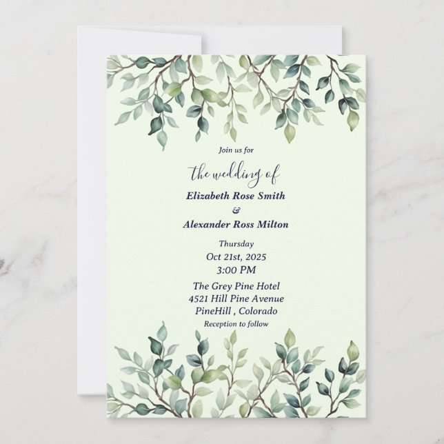 Simple branches of leaves wedding invitation (Front)