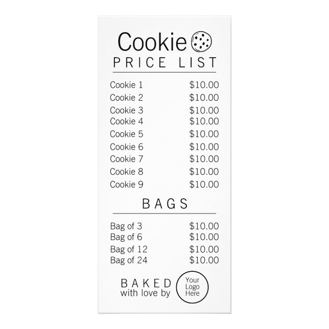 Simple Brand Ready Bakery Price List Rack Card (Front)
