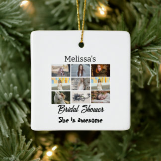 Simple bridal shower personalised 9 photocollage ceramic ornament