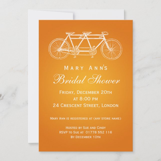 Simple Bridal Shower Tandem Bike Orange Invitation (Front)