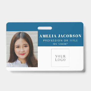 Simple Bright Blue Employee Photo ID Logo Barcode Badge