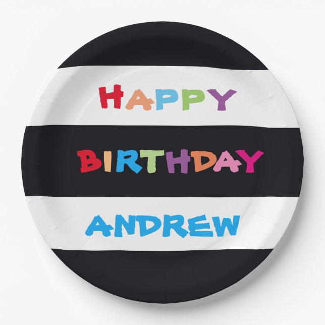 Simple Bright Colourful Custom Name Happy Birthday Paper Plate (Front)