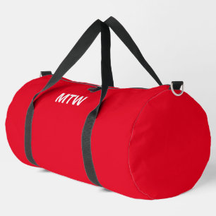 Simple Bright Red and White Monogram Text Template Duffle Bag