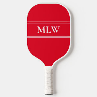 Simple Bright Red and White Monogrammed  Pickleball Paddle