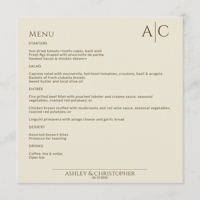 Simple Bronze & Gold Monogram Wedding Reception Menu (Front)