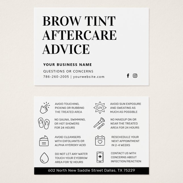 Simple Brow Tint Aftercare Instructions Card (Front & Back)