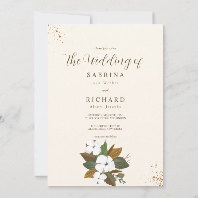 Simple Brown And Cream Floral Wedding Invitation (Front)