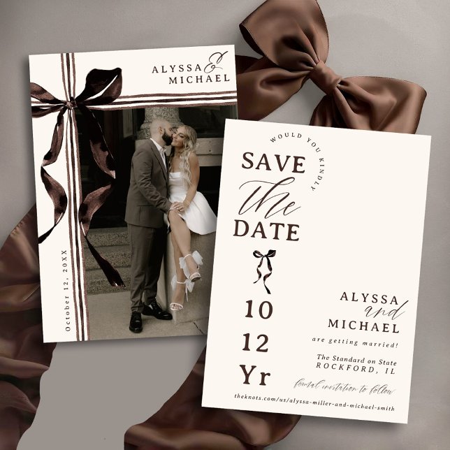 Simple Brown and Ivory Bow Elegant Photo Wedding Save The Date (Elegant modern watercolor brown and ivory coquette bow ribbon typography photo wedding save the date)