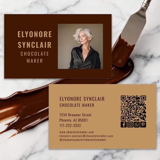 Simple Brown Chocolate Maker Photo Social QR Code  Business Card (Creator Uploaded)