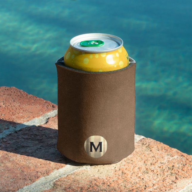 Simple Brown Suede Gold Monogram Can Cooler (In Situ Pool)