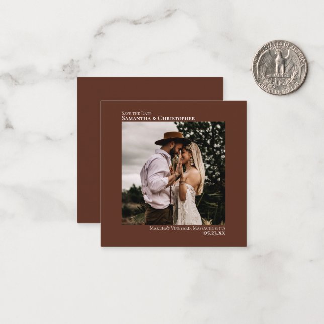 Simple Brown Wedding Save the Date Photo Mini Card (Front/Back In Situ)