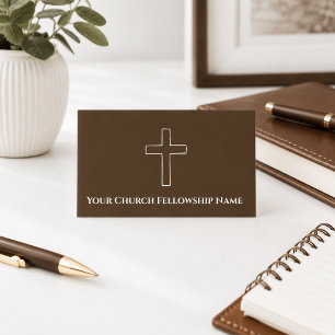 Simple Brown White Cross Outline Church Pastor Business Card