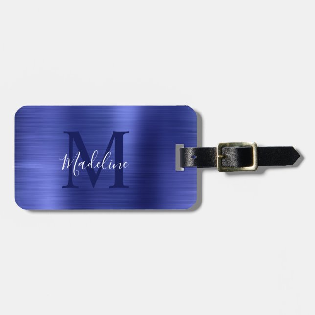 Simple Brushed Metallic Royal Blue Monogram Luggage Tag (Front Horizontal)
