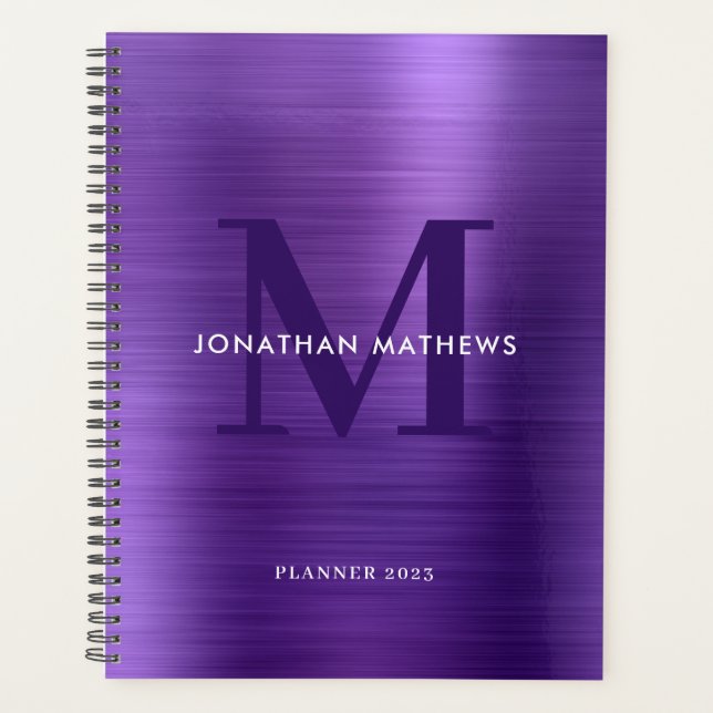 Simple Brushed Metallic Violet Classic Monogram Planner (Front)
