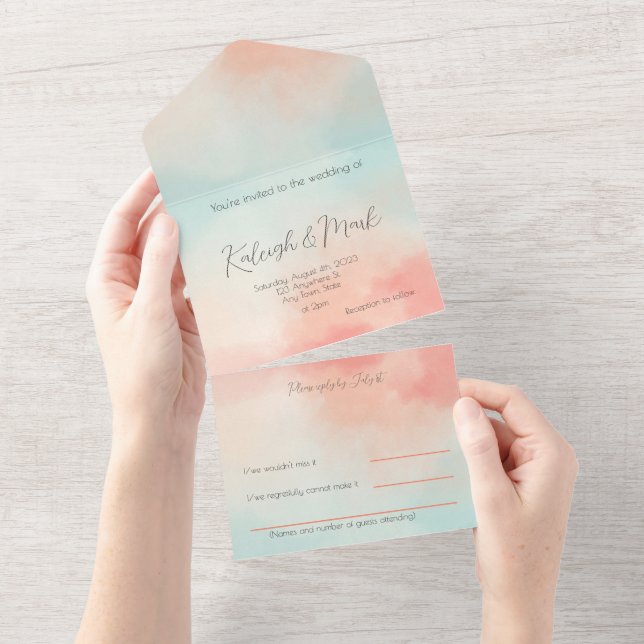 Simple Budget Pastel Peach & Turquoise Wedding All In One Invitation (Tearaway)