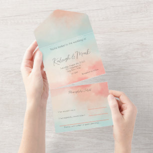 Simple Budget Pastel Peach & Turquoise Wedding All In One Invitation