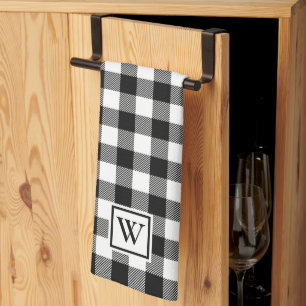Simple Buffalo Plaid Monogram Black White Tea Towel