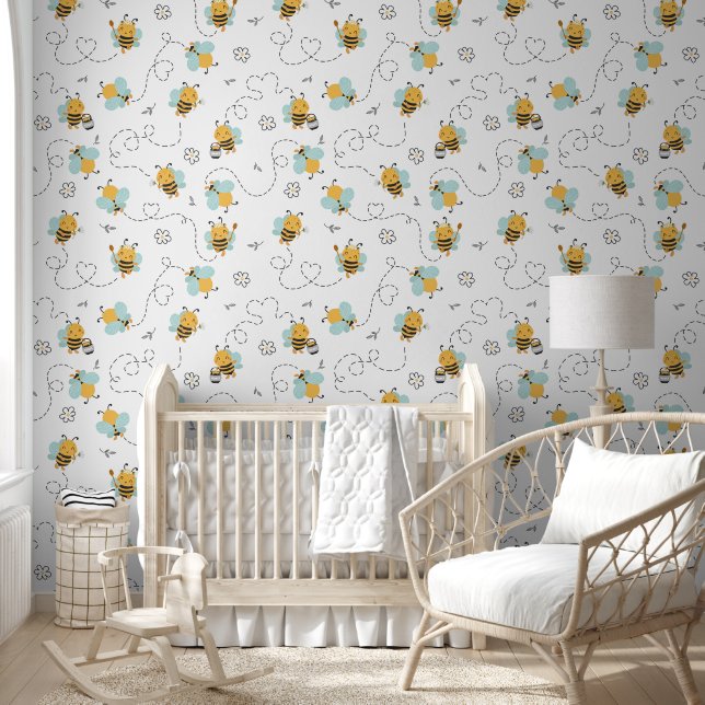 Simple bumblebees and daisies on white wallpaper (Kids)