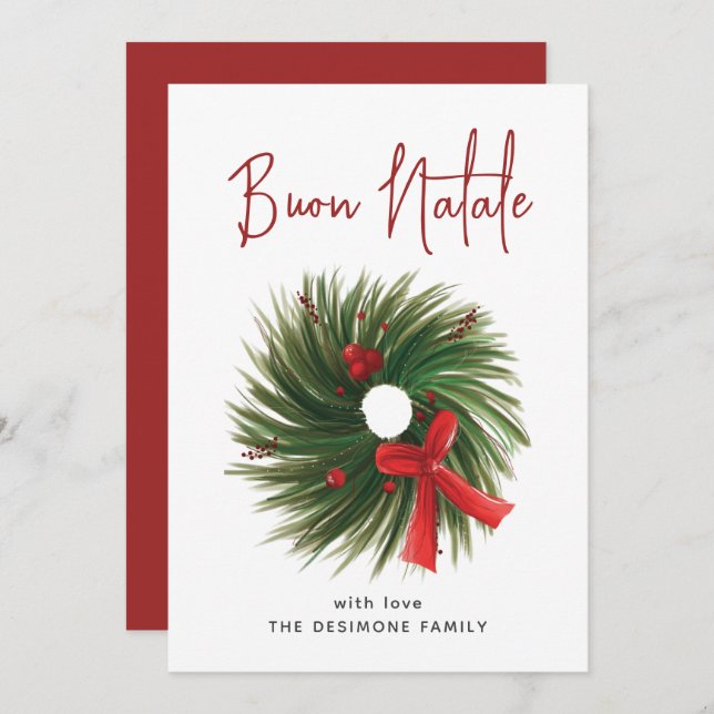 Simple Buon Natale Watercolor Wreath  Holiday Card (Front/Back)