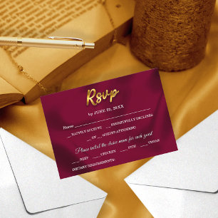 Simple Burgundy and Gold Elegant Script Wedding RSVP Card