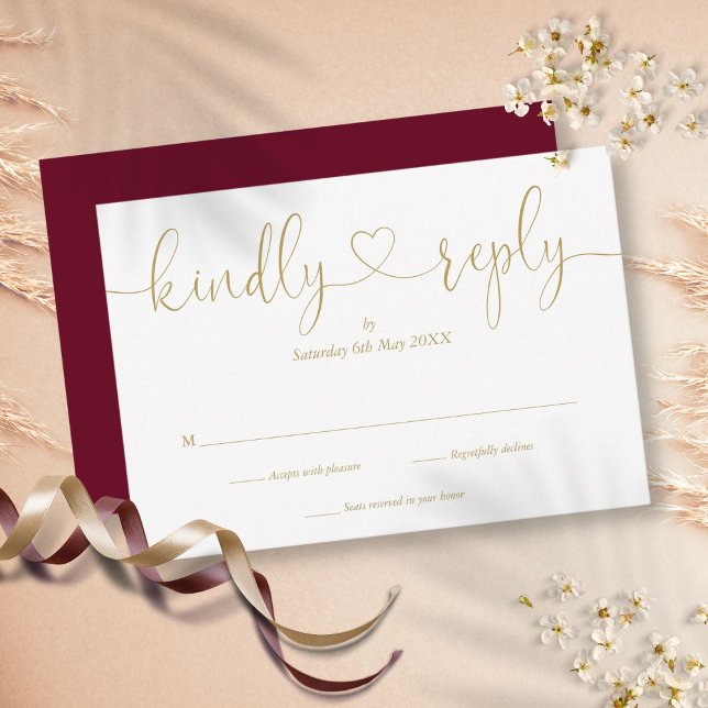 Simple Burgundy And Gold Script Heart Kindly Reply RSVP Card (Simple Burgundy And Gold Script Heart Kindly Reply RSVP Card)